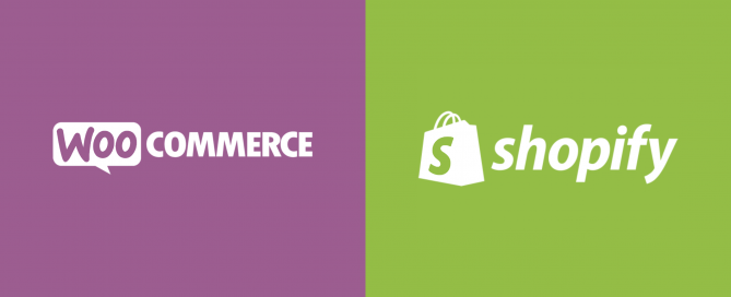 WooCommerce logo in white with purple background left half of image and Shopify logo in white with green background right half of image